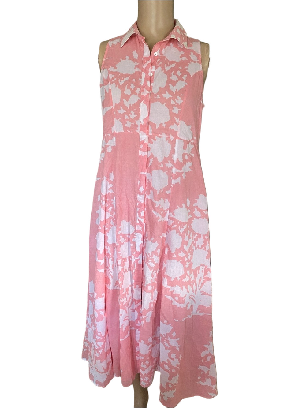 Sleeveless Pink & White Floral Collared Maxi Dress